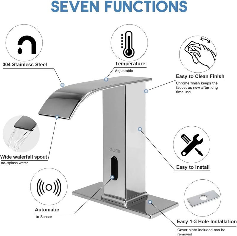 CDLODIN Automatic Sensor Touchless Bathroom Faucet, Modern Chrome Bathroom Faucet for Sink 1 Hole, Waterfall Single Hole Bathroom Sink Faucet Stainless Steel, Hands Free Motion Sensor Lavatory Faucet - Image 2